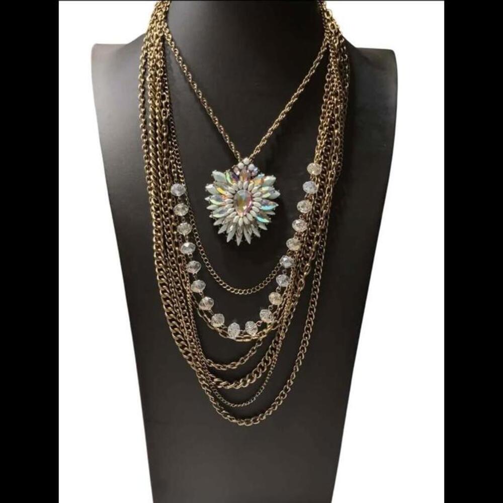 Vintage 1980's Multi-Strands Necklace w/ Aqua and Aurora Borealis Floral Pendant